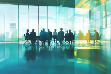 Poster - A group of professionals in a meeting, silhouetted against a bright, modern office backdrop.