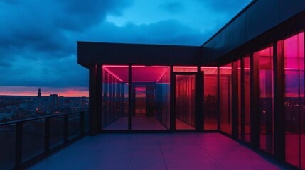 Poster - A minimalist rooftop view of an urban skyline during blue hour. 