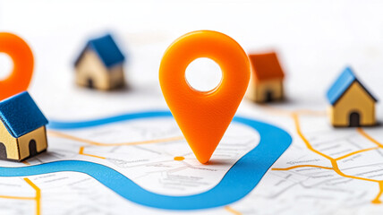 Colorful map with location pins and miniature houses, showcasing vibrant layout. orange pin stands out against blue river and detailed streets, creating cheerful atmosphere