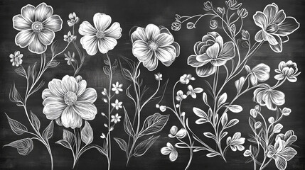 Wall Mural - A whimsical line drawing of flowers in white on a textured gray background