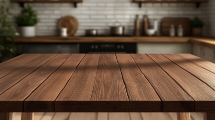 Poster - A wooden table with a view of a kitchen