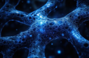 Poster - Abstract close-up of a fascinating cellular structure featuring intricate patterns and glowing blue hues, showcasing the beauty of microscopic biology in a dark background