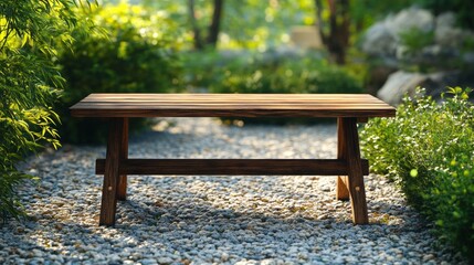 Poster - A wooden bench sits in a garden with a stone path