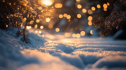 Poster - Christmas background with bokeh lights and snow covered fir tree branches - Generated AI