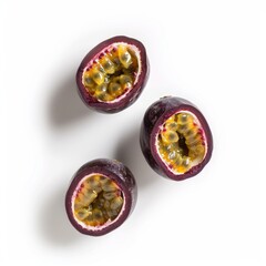 Poster - Fresh passion fruit halves showing seeds on white background