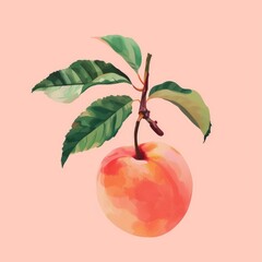 Poster - ripe peach hanging from branch with green leaves on pink background