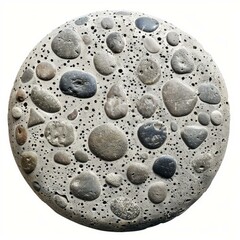 Poster - Round concrete stepping stone showing embedded pebbles on white background