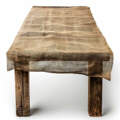Poster - rustic wooden table covered with burlap cloth on white background
