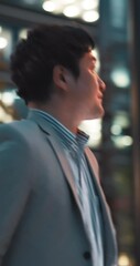Poster - Phone, travel and night with business, Japanese man in city and flight schedule, contact or conference. Networking, hotel booking and luggage with employee and suitcase for technology and trip