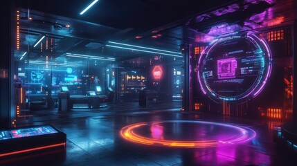 Aufkleber - Futuristic Neon Lit Interior Spaceship Control Room