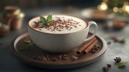 Cozy Cup of Spiced Creamy Drink with Cinnamon Sticks