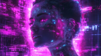 Poster - Digital Woman Circuitry Neon Glow Portrait