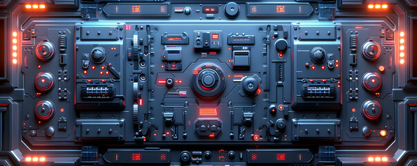 Futuristic control panel with glowing buttons and dials.