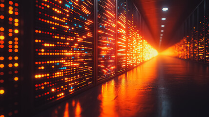 Poster - A long hallway with many computer monitors on the wall. The monitors are lit up with bright orange lights