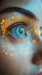 Poster - A woman's eye is covered in a pattern of bright orange and blue lines