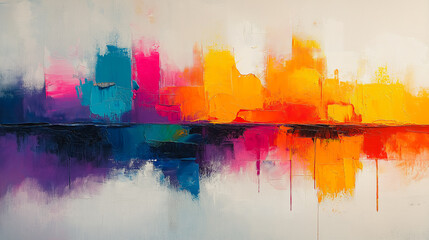 Poster - A painting of a city skyline with a rainbow in the background