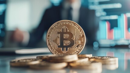Poster - Bitcoin coin with a professional backdrop showcasing digital currency trends.