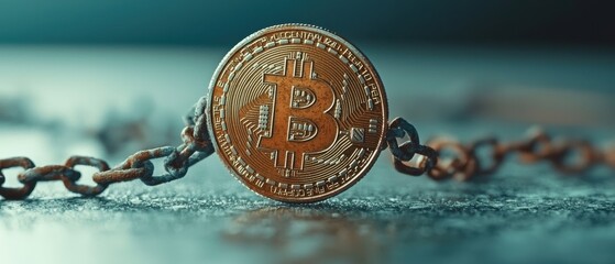 Poster - Close-up of a Bitcoin on a rusty chain, symbolizing the value of cryptocurrency.