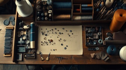 Poster - A Tailors Workbench With Various Threads Buttons And Tools