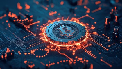 Poster - Futuristic digital representation of Bitcoin with glowing circuits and patterns.