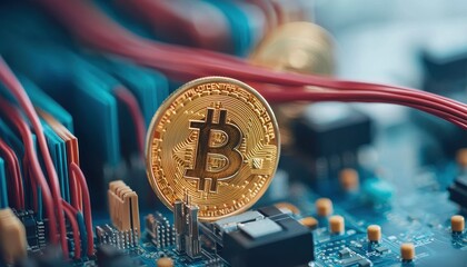 Poster - Close-up of a Bitcoin on a printed circuit board with wires, symbolizing digital finance.