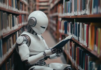 Poster - Futuristic Robot Reading Book in Library Surrounded by Shelves of Books, Symbolizing Technology, Knowledge, and Learning in Modern Society