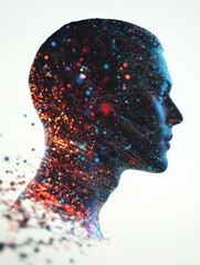 Poster - Man profile with glitch dynamic particles in motion vector illustration, mindfulness philosophical and psychological theme, neural network, technology or psychology concept.