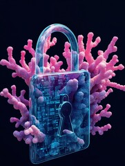 Poster - Personal digital security. Defence, protection from hackers, scammers. Data breaches, data leakage prevention, encryption for databases concept. Pinkish coral bluevector isolated illustration