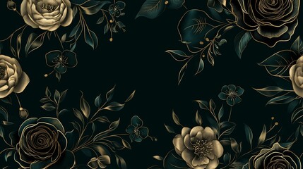 Poster - Abstract floral outlines in gold against a dark emerald background