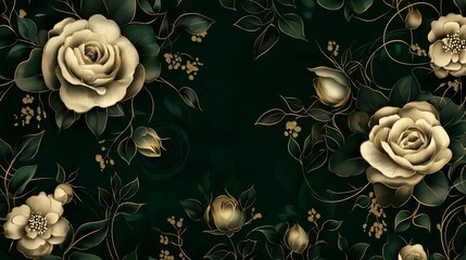 Poster - Abstract floral outlines in gold against a dark emerald background