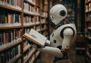 Poster - Robot in a library reading a book surrounded by shelves filled with books, symbolizing the intersection of technology and knowledge in a modern learning environment.