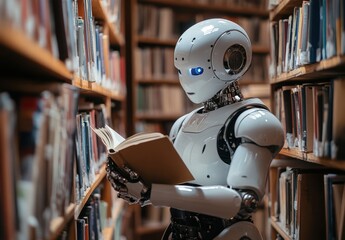 Poster - Robot Reading a Book in a Library Surrounded by Bookshelves, Exploring Knowledge and Technology in a Modern Learning Environment