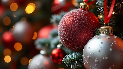close-up red & white christmas ornaments, festive holiday decor