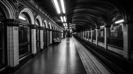 Poster - Empty subway station in monochrome with a single glowing light