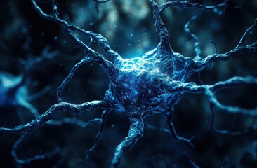 Poster - Stunning Close-Up Image of a Neuron with Glowing Connections in a Dark Background, Representing Advanced Neuroscience and Biological Research Concepts