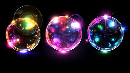 Poster - Floating soap bubbles reflecting rainbow light on a dark backdrop