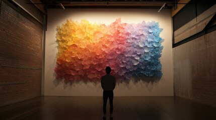Poster - Person Standing in Front of Colorful Paper Art Installation in Contemporary Gallery Showcasing Vibrant Colors and Artistic Expression in Modern Sculpture