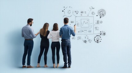 Poster - Diverse group of professionals analyzing data and diagrams on a wall, collaborating on business strategies and insights for better performance in an office setting