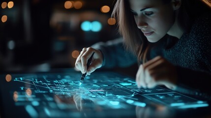 Poster - A focused woman interacts with a futuristic touchscreen, analyzing digital data in a high-tech environment, embodying innovation and technology in action