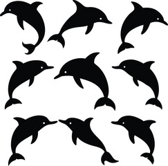 set consistent dolphin black color silhouette vector