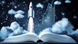 © Kunchan - Glowing rocket launching from the pages of an open book surrounded by lively clouds and a sharp upward graph symbolizing growth success and progress in a futuristic dynamic