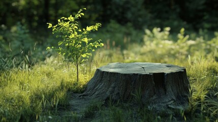 Poster - A small tree is growing out of a stump in a grassy field