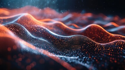Poster - A mesmerizing abstract representation of digital waves, showcasing a blend of orange and blue particles against a dark backdrop.