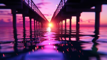 Aufkleber - Minimalist bridge silhouette over calm waters at sunset. 