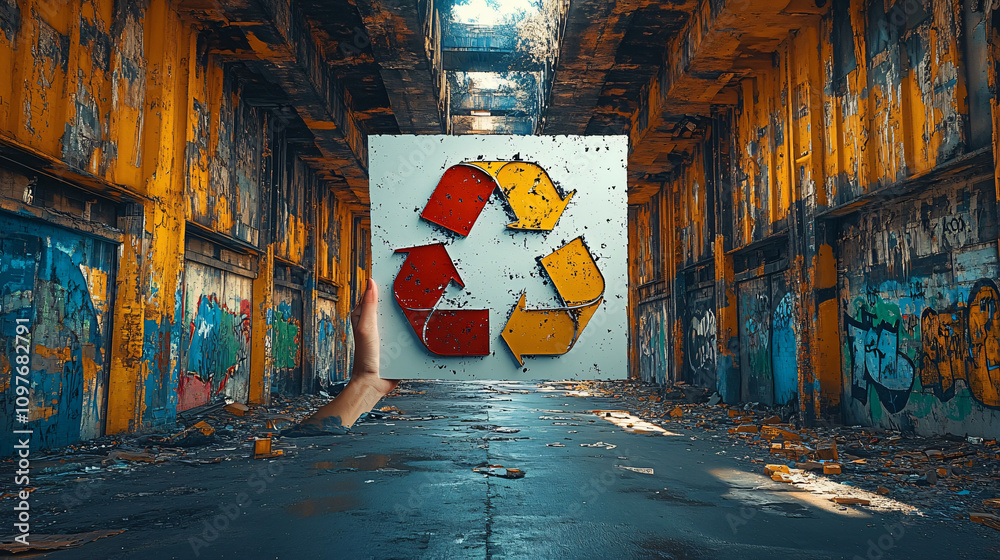 digitally altered or created image of a large recycling symbol ...