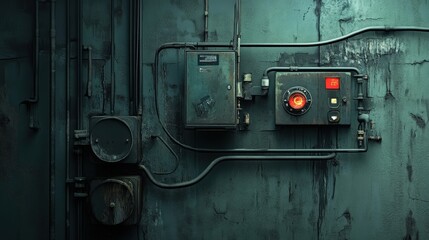Poster - Industrial Control Panel with Buttons and Indicators on a Grungy Wall, Highlighting an Aged and Weathered Background in a Factory Environment