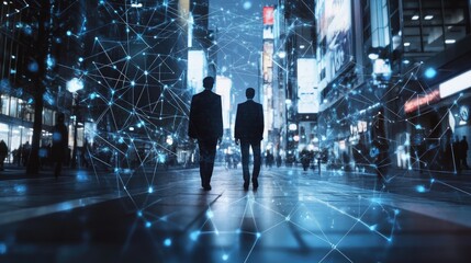 Poster - Silhouetted men in suits walking through a futuristic cityscape illuminated by digital networks.