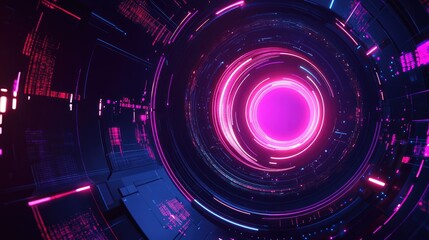 Poster - An abstract digital tunnel with vibrant pink and blue neon lights swirling in a futuristic design.