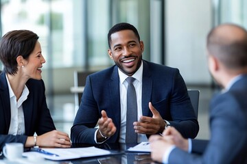 Canvas Print - Diverse group of professional business leaders participating in a leadership conference with engaged discussions in a stylish contemporary conference