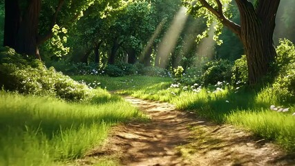 Wall Mural - Animation of A sunlit path winds through a lush green forest